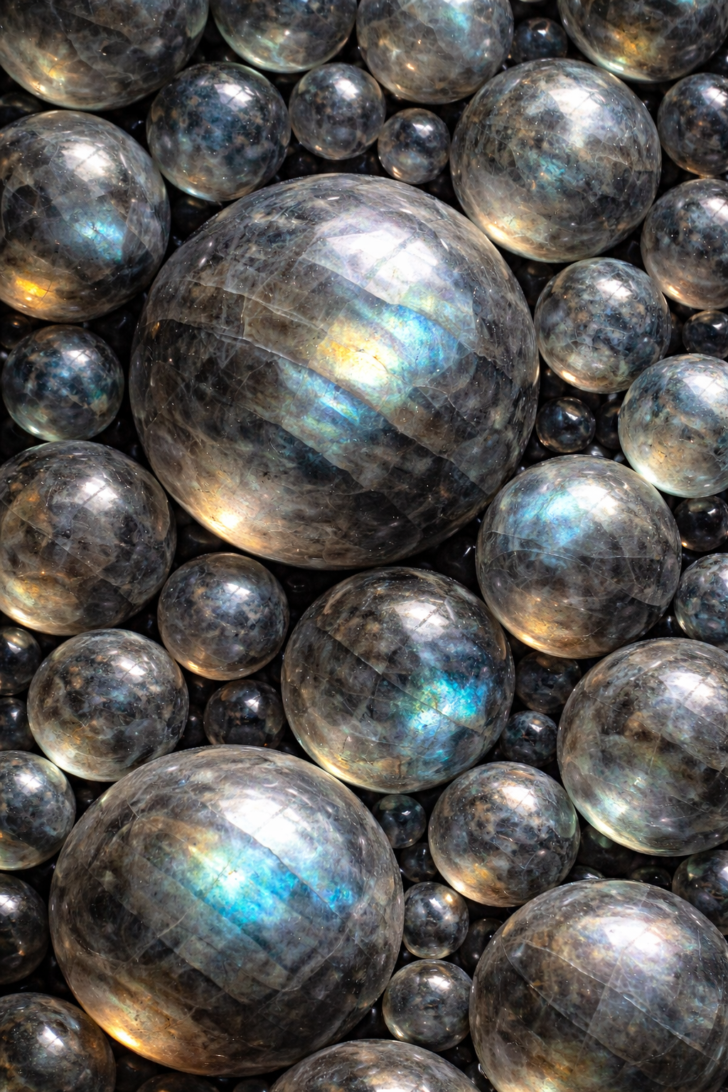 Labradorite spheres with radiant iridescence