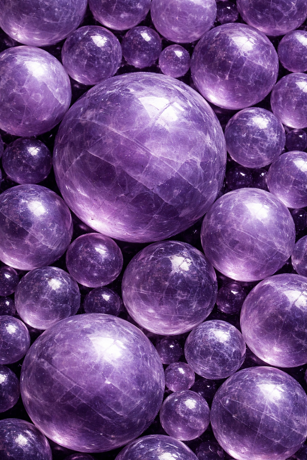 Polished amethyst spheres in soft light
