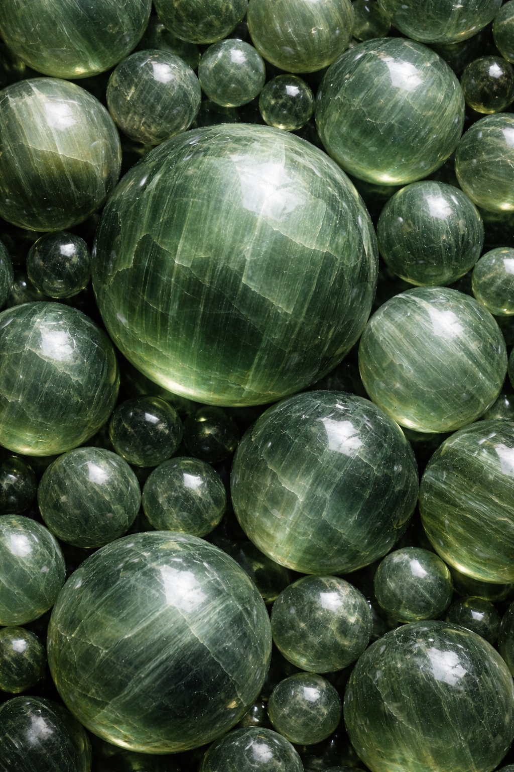 Polished green tourmaline spheres collection depth effect enhanced