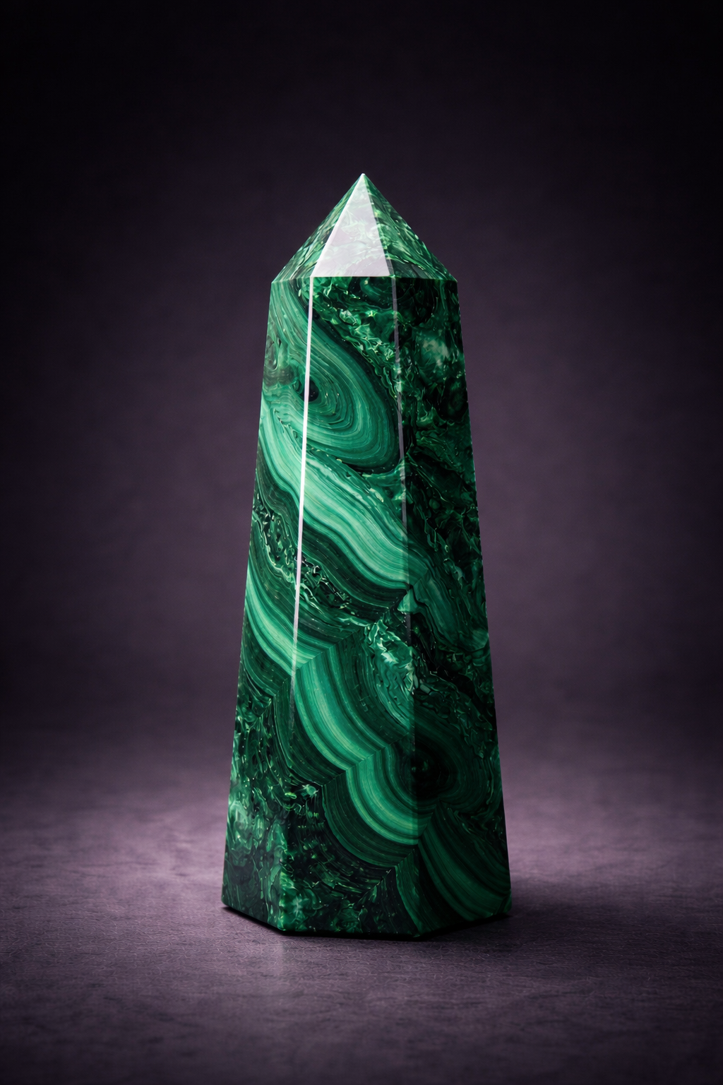 Polished malachite obelisk in focus