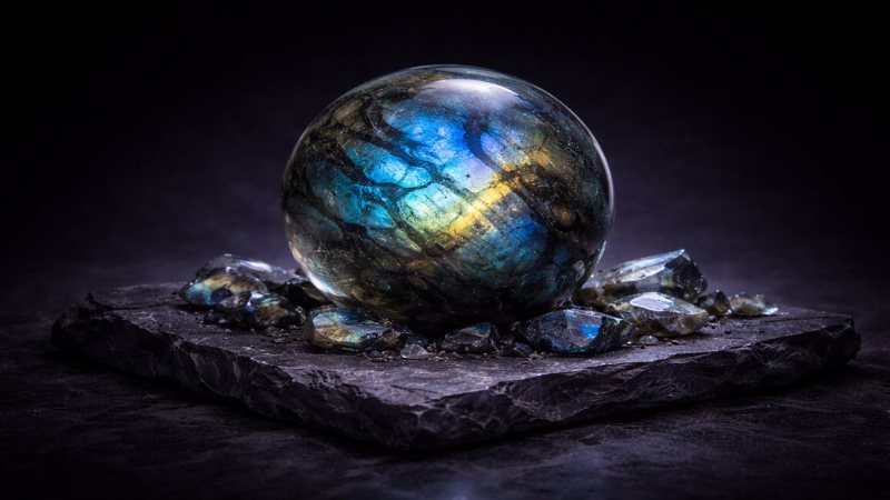 A labradorite sphere on black